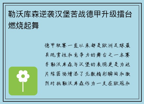 勒沃库森逆袭汉堡苦战德甲升级擂台燃烧起舞