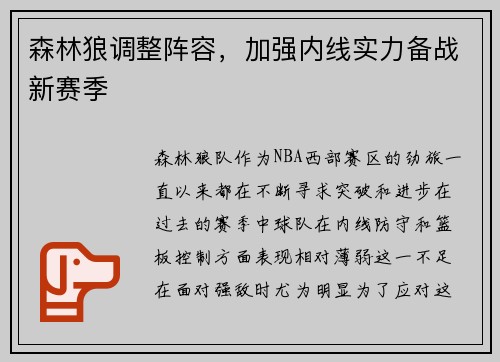 森林狼调整阵容，加强内线实力备战新赛季