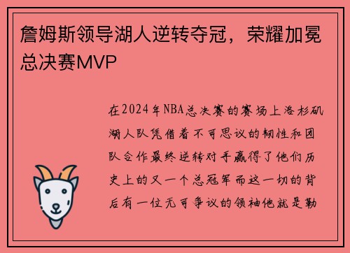 詹姆斯领导湖人逆转夺冠，荣耀加冕总决赛MVP